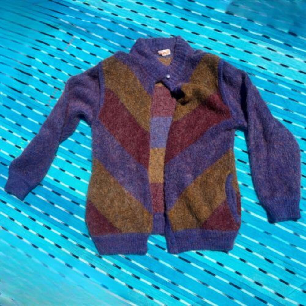 Vintage Giunco Italy Mohair Chevron Cardigan Purple Gold Snap Front Women's M